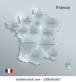 France map flag separate region names individual glass card paper 3D vector