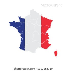 France map with flag and shadow isolated on white background. Vector illustration EPS10.