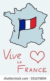 France map and flag vector - doodle style illustration. Vive la France.