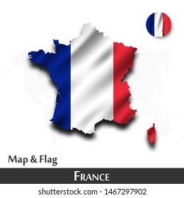 France map and flag . Waving textile design . Dot world map background . Vector .