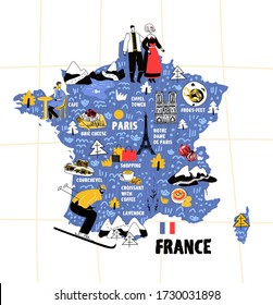 France map flat hand drawn vector illustration flag. Names lettering and cartoon landmarks, tourist attractions cliparts.  Paris travel, trip comic infographic poster, banner concept design
