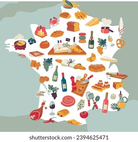 France map, with french food. Bakery, bread, croissant, wine and cheese. Vector illustration isolated on a white background.