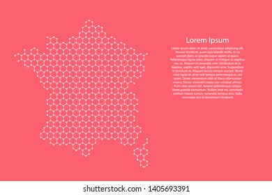 France map from futuristic hexagonal shapes, lines, points white and glowing stars in nodes, form of honeycomb or molecular structure on pink rose color coral background. Vector illustration.