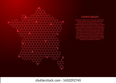 France map from futuristic hexagonal shapes, lines, points  red and glowing stars in nodes, form of honeycomb or molecular structure for banner, poster, greeting card. Vector illustration.