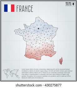 France map in geometric polygonal style. Polygonal abstract world map. Vector illustration. France flag. Paris pointer.