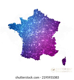 France map in geometric wireframe blue with purple polygonal style gradient graphic on white background. Vector Illustration Eps10.