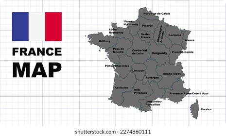 France Map, France grey with black text  highlighted in 🇫🇷 FANCE 🇫🇷 map, flat design illustration vector