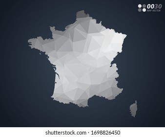 Francia mapea el mosaico del triángulo rojo del polígono gris con fondo oscuro. vector de degradado de estilo.