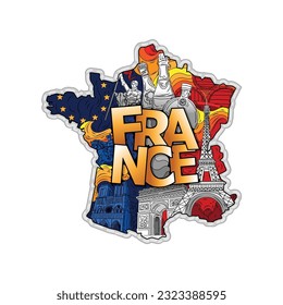 Mapa de Francia en estilo doodle dibujado a mano con los principales valores nacionales.