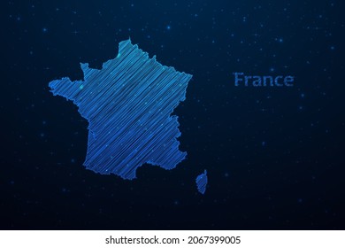France map hand drawn scribble sketch.Vector map in futuristic style on dark blue space background. Vector illustration.