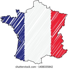 France map hand drawn sketch. Vector concept illustration flag, childrens drawing, scribble map. Country map for infographic, brochures and presentations isolated on white background. Vector