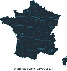 France map high detailed with administrative divide by state, capital cities names, outline simplicity style. Vector illustration EPS10.