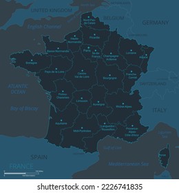 France map. High detailed map of France with countries, borders, cities, water objects. Vector illustration eps10.