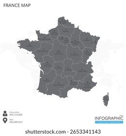 France map high detailed with regions and cities of the country on white background. Vector illustration EPS10.