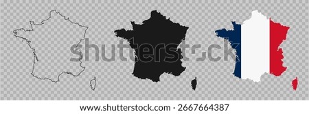 France map icon set. France map signs - outline, solid and French national flag. Vector illustration.