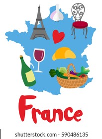 France map with Iconic Objects