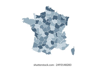 France map with individual colors,isolated on white background for website layouts,background,education, precise,customizable,Travel worldwide,map silhouette backdrop,earth geography, political.