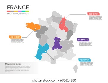 France map infographic vector template with regions and pointer marks