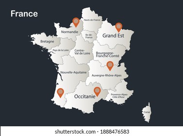 Mapa de Francia, Infografía de colores de diseño plano nevado blanco, con nombres de regiones individuales vectorial
