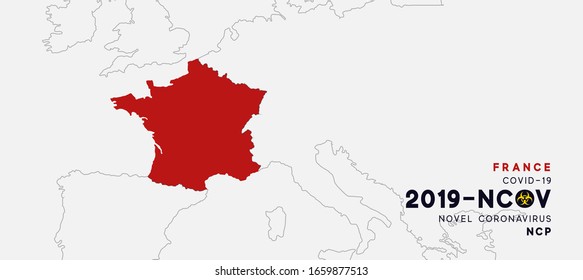 France Map infographics, Localization of the outbreak of Virus Covid 19. Novel Coronavirus (2019-nCoV). China pathogen respiratory coronavirus 2019-nCoV. nCoV denoted is single-stranded RNA virus.