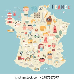 France Map Kids Nursery Poster Print. French Elements, People, Symbols. Fun Tutorial. Vector Illustration.