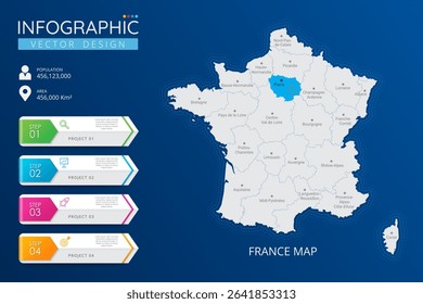 France map with location pointer marks. High detailed country map with division, cities and capital infographic template. Vector illustration EPS10
