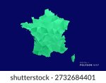 France Map - low poly polygon vector, geometric triangulated silhouette in green and blue tones, clean modern style, isolated background for infographic use.