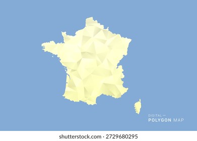 Mapa de Francia en estilo de Vector de polígono bajo, ilustración de forma geométrica con tonos amarillos suaves sobre fondo azul, silueta limpia para infografía.