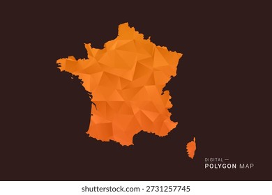 Mapa de Francia - Vector de bajo polígono polivinílico, silueta triangulada geométrica en tonos naranja y marrón oscuro, estilo infográfico moderno limpio, fondo aislado.