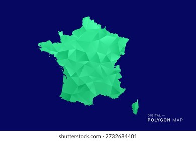 Mapa de Francia - Vector de bajo polígono polivinílico, silueta triangulada geométrica en tonos verdes y azules, estilo moderno limpio, fondo aislado para uso infográfico.