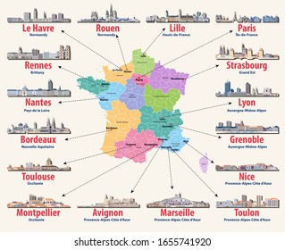 France map with main cities. French cities skylines. Vector illustration