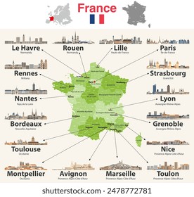 France map and main french cities skylines. Vector set