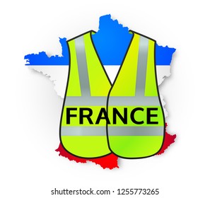 France map in national flag colors with yellow jacket on it, symbol of manifestations svg