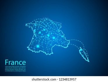 france map with nodes linked by lines. concept of global communication and business. Dark france map created from white dots with travel locations or internet connection.