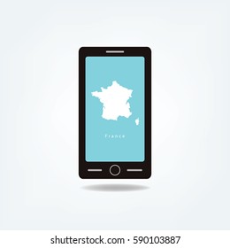 France Map On Mobile Phone Screen Using For Business, Education or Presentation