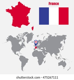 France map on a world map with flag and map pointer. Vector illustration