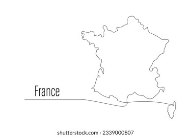 France map one continuous line drawing. Country single line contour map, shape of country. Map silhouette of European country, state in EU. Drawing editable stroke. Vector minimalist illustration