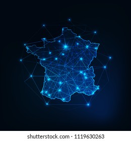 France Map Outline With Stars And Lines Abstract Framework. Communication, Connection Concept. Modern Futuristic Low Polygonal, Wireframe, Lines And Dots Design. Vector Illustration. 