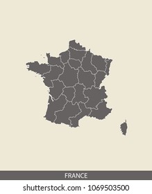 France map outline vector illustration in gray background. Borders of all states or provinces or counties are included on this map.