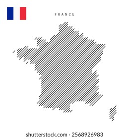 France map from pattern of black slanted parallel lines. French map with gray diagonal lines. Silhouette of a country made of oblique hatching. Vector illustration isolated on white.