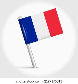 France map pin flag icon. French pennant map marker on a metal needle. 3D realistic vector illustration.