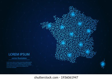 France map from point blue and glowing stars on a dark background. Vector eps 10.