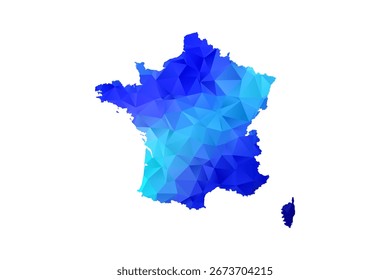 Frankreich Karte - Vektorgrafik im Polygonstil in blauem Farbverlauf, Geometrisches Design mit niedrigem Poly, einzeln auf weißem Hintergrund, perfekt für Infografiken, Bildung und moderne Präsentationen.