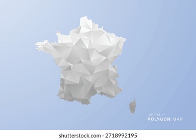 Mapa de Francia - Ilustración vectorial de estilo polígono en gris, blanco y azul, diseño geométrico de baja poli, silueta mínima, adecuada para infografía y diseño moderno.