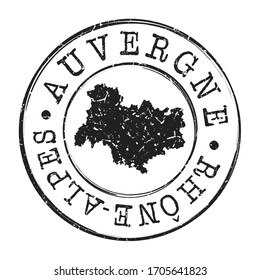 Auvergne-Rhône-Alpes, Francia Map Postmark. Pasaporte Postal De Silhouette. Icono del vector de redondeo de sello. Diseños de rehenes antiguos.