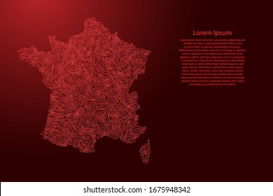 France map from red isolines or level line geographic topographic map grid and glowing space stars. Vector illustration.