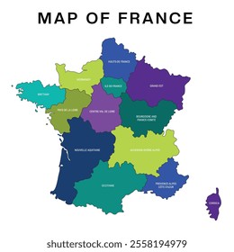 France map with regions vector illustration, French Political map and administrative divisions, vector illustration map of France with borders, colorful map of France with states, cities, Provinces