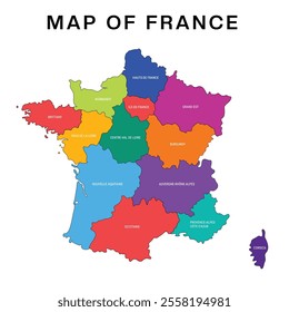 France map with regions vector illustration, French Political map and administrative divisions, vector illustration map of France with borders, colorful map of France with states, cities, Provinces