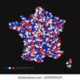 France Map From Scattered Paper Hearts In Colours Of National Flag Vector Isolated On Black Background. France Border Silhouette In Official Colors Pattern Art Illustration For Print And Poster Design