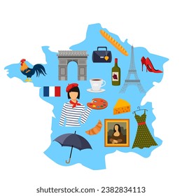 France map. Set of elements with symbols of France
